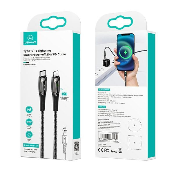 USAMS кабел плетен M2 за Lightning, Smart Power-off, 20W PD, 1.2m, тъмнозелен