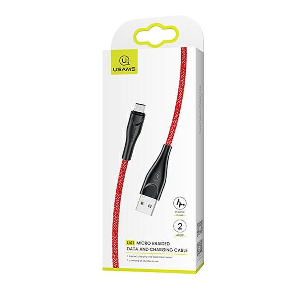 USAMS U41 плетен кабел microUSB, червен, Fast Charge