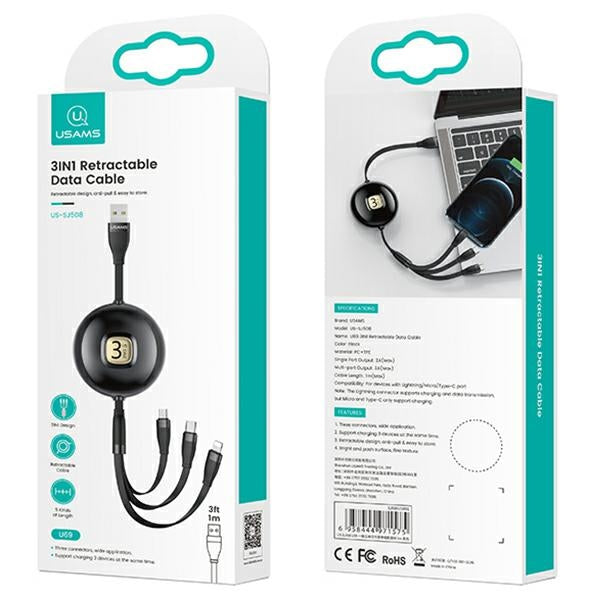 USAMS кабел U69 3в1 1м, черен (Lightning/microUSB/USB-C)