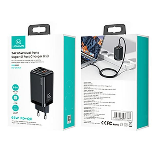 Зарядно USAMS T47 65W PD Fast Charging Super Si, черно (само глава)