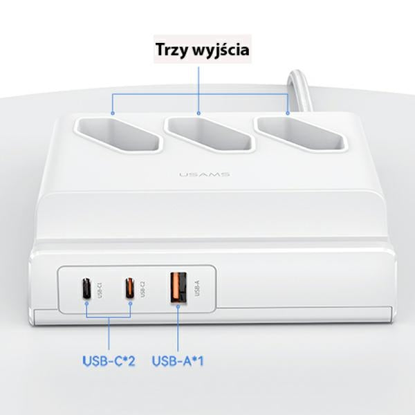 Разклонител USAMS Listwa zasilająca 65W Super SiFast Charging Extension Socket EU, бял