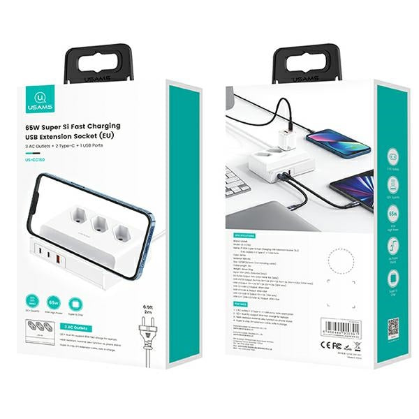 Разклонител USAMS Listwa zasilająca 65W Super SiFast Charging Extension Socket EU, бял