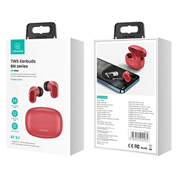 USAMS Слушалки Bluetooth 5.1 TWS BHseries безжични, червени BHUBH03