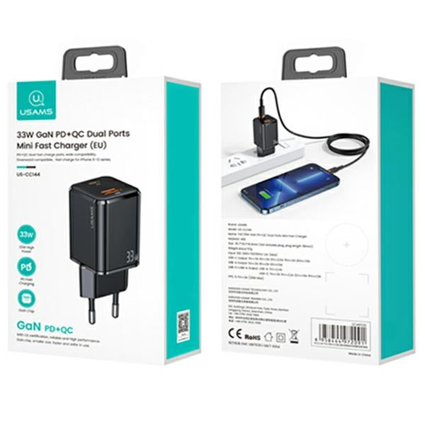 Зарядно USAMS T43 с QC3.0 и кабел U63 към lightning, черно