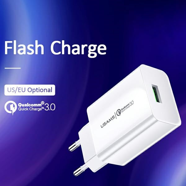 Зарядно USAMS T22 18W 3A QC3.0+ с кабел 1m, бял