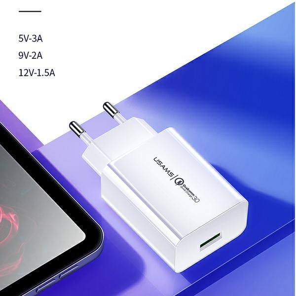 Зарядно USAMS T22 18W 3A QC3.0+ с кабел 1m, бял