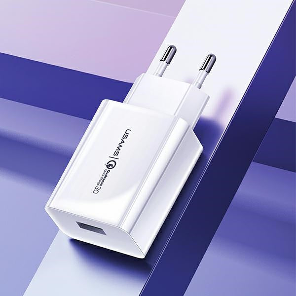 Зарядно USAMS T22 18W 3A QC3.0+ с кабел 1m, бял