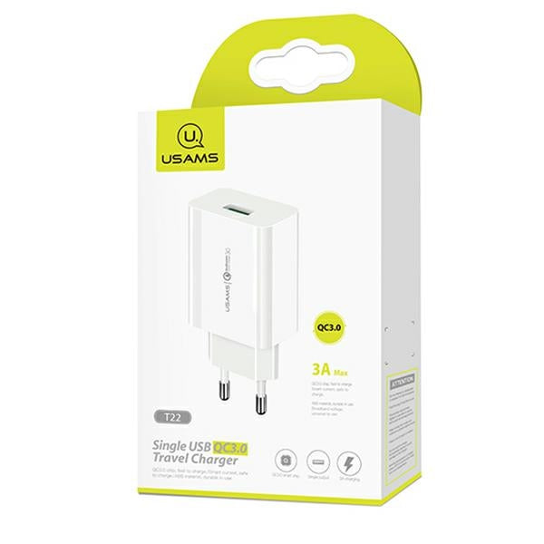 Зарядно USAMS T22 18W 3A QC3.0+ с кабел 1m, бял