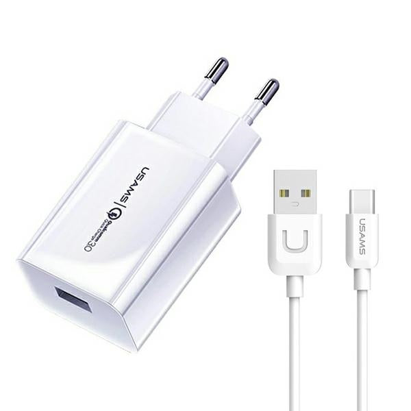 Зарядно USAMS T22 18W 3A QC3.0+ с кабел 1m, бял