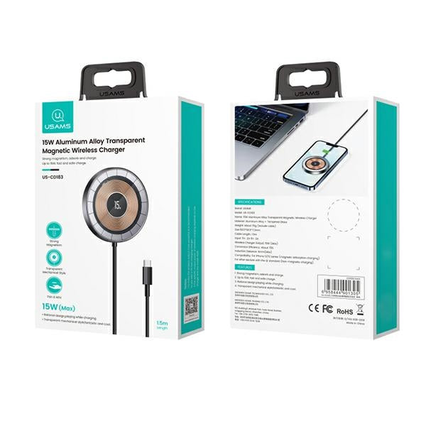 Индукционно зарядно USAMS US-CD183 magnetic15W aluminium, черно CD183CDX01