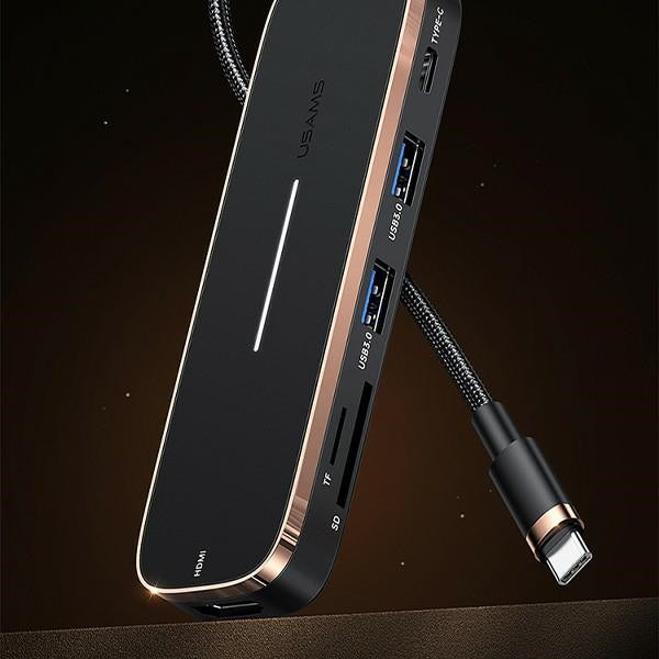 USAMS HUB адаптер 2xUSB + USB-C + HDMI + Micro SD + SD, черен SJ575HUB01 (US-SJ575)