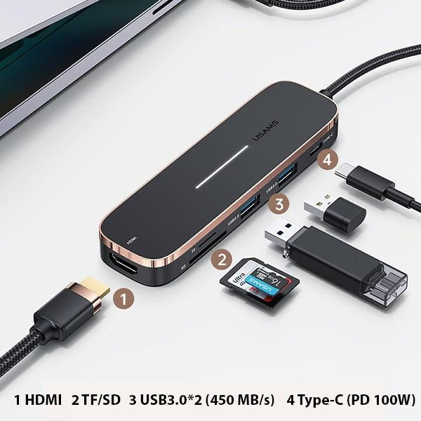 USAMS HUB адаптер 2xUSB + USB-C + HDMI + Micro SD + SD, черен SJ575HUB01 (US-SJ575)