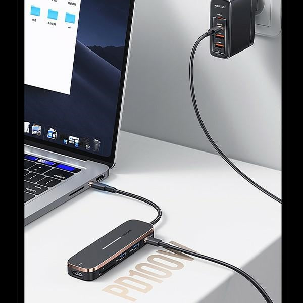 USAMS HUB адаптер 2xUSB + USB-C + HDMI + Micro SD + SD, черен SJ575HUB01 (US-SJ575)