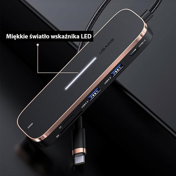 USAMS HUB адаптер 2xUSB + USB-C + HDMI + Micro SD + SD, черен SJ575HUB01 (US-SJ575)