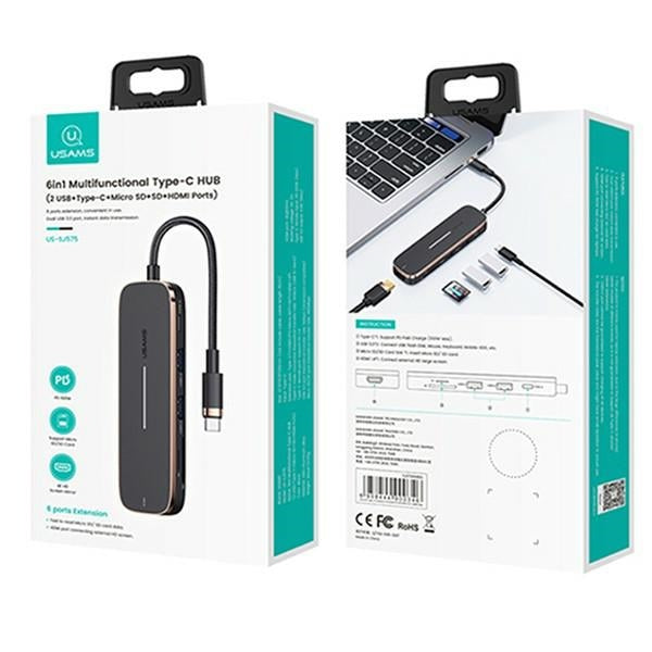 USAMS HUB адаптер 2xUSB + USB-C + HDMI + Micro SD + SD, черен SJ575HUB01 (US-SJ575)