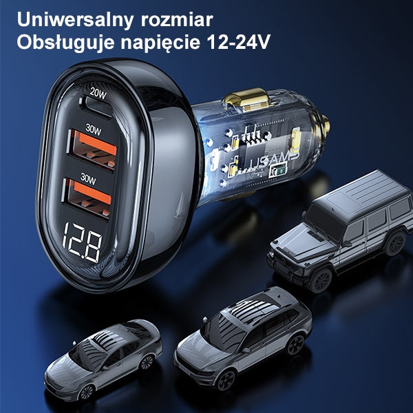 Автомобилно зарядно USAMS 2xUSB+1xUSB-C 80WFast Charge, синьо (CC159CC02, US-CC159)