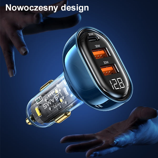 Автомобилно зарядно USAMS 2xUSB+1xUSB-C 80WFast Charge, синьо (CC159CC02, US-CC159)
