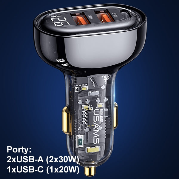 Автомобилно зарядно USAMS 2xUSB+1xUSB-C 80WFast Charge, синьо (CC159CC02, US-CC159)