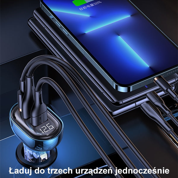 Автомобилно зарядно USAMS 2xUSB+1xUSB-C 80WFast Charge, синьо (CC159CC02, US-CC159)