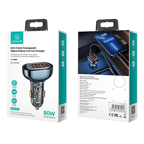 Автомобилно зарядно USAMS 2xUSB+1xUSB-C 80WFast Charge, синьо (CC159CC02, US-CC159)