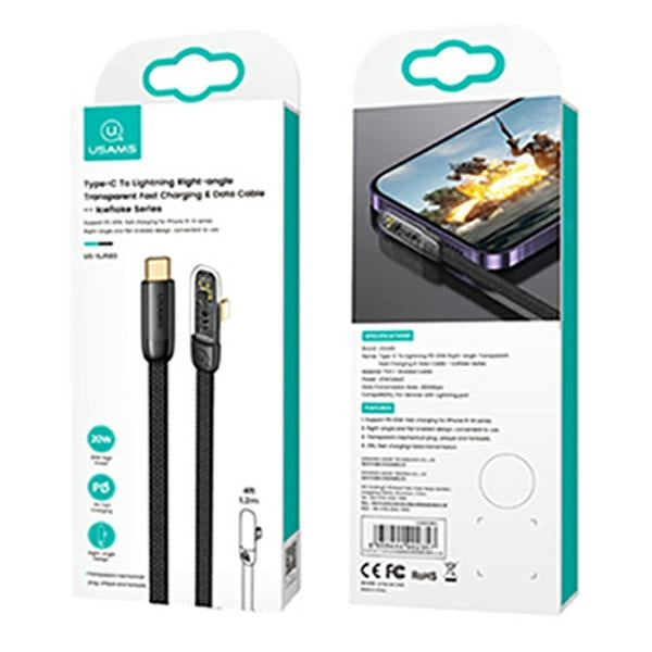 Кабел USAMS 90° Lightning PD 20W Fast Charging Iceflake Series 1,2 м, черен
