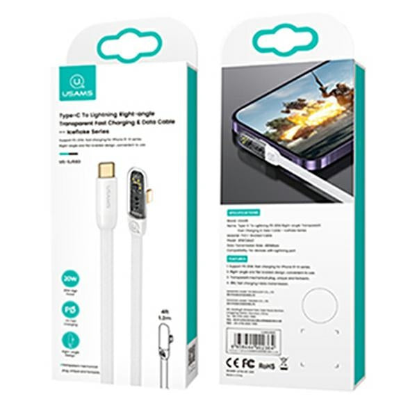 Кабел USAMS с ъгъл Lightning PD 20W Fast Charging Iceflake Series 1,2 м, бял