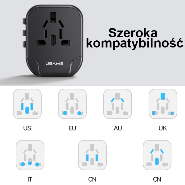 Зарядно USAMS T55 Universal Travel Charger US/AU/EU/UK, черно