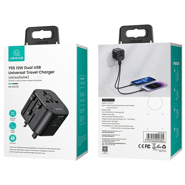 Зарядно USAMS T55 Universal Travel Charger US/AU/EU/UK, черно