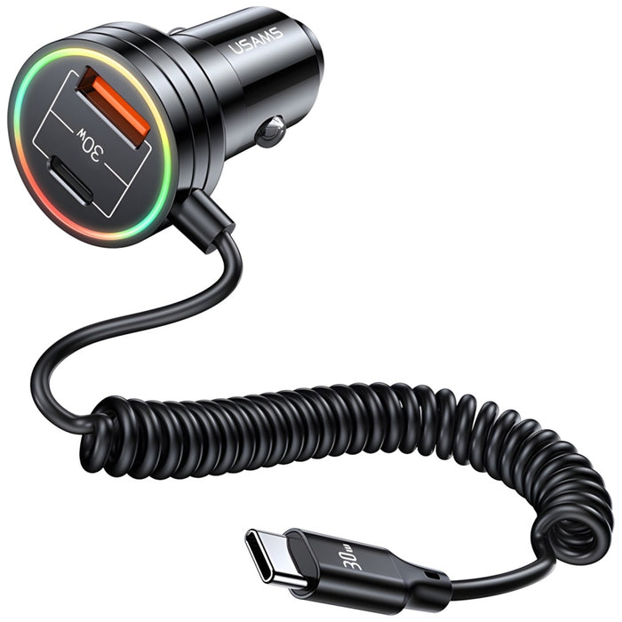 Автомобилно зарядно USAMS C33 Spring Cable Fast Charge, черно