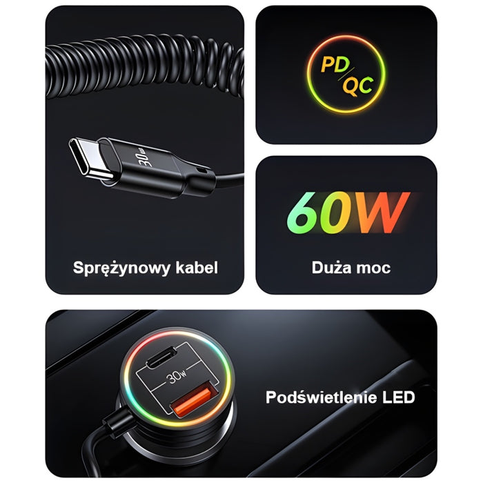 Автомобилно зарядно USAMS C33 Spring Cable Fast Charge, черно