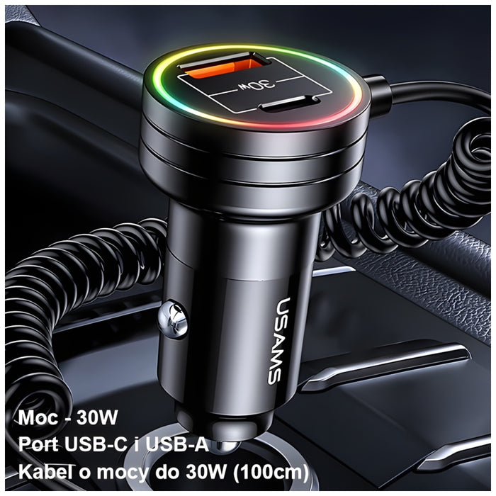 Автомобилно зарядно USAMS C33 Spring Cable Fast Charge, черно