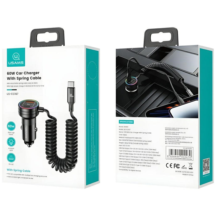 Автомобилно зарядно USAMS C33 Spring Cable Fast Charge, черно