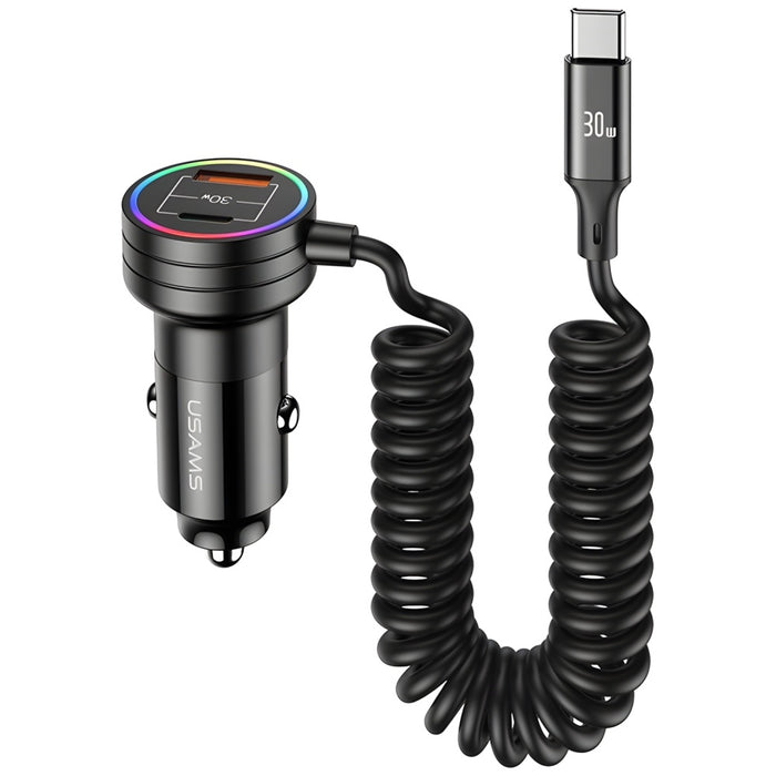 Автомобилно зарядно USAMS C33 Spring Cable Fast Charge, черно