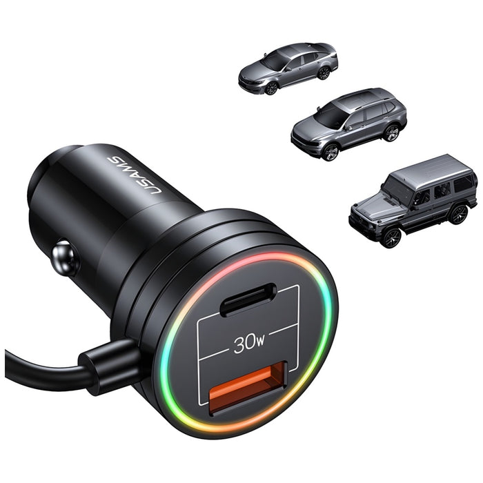 Автомобилно зарядно USAMS C33 Spring Cable Fast Charge, черно