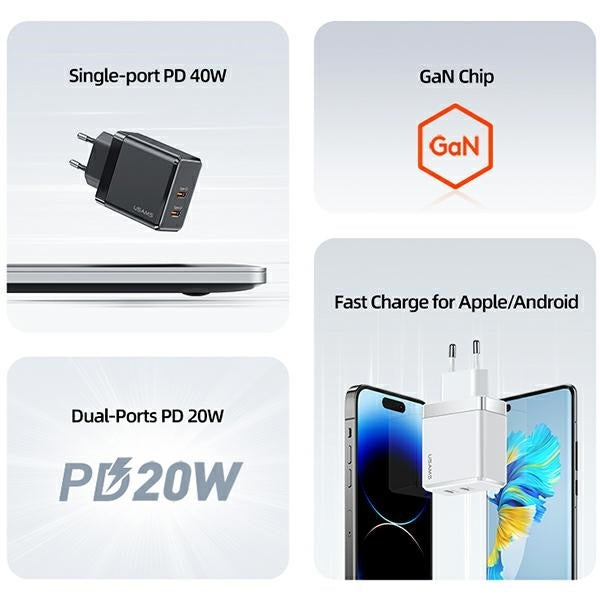 Зарядно USAMS T54 GaN 40W PD Fast Charging, бял
