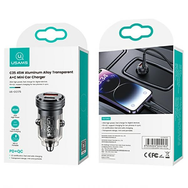 Автомобилно зарядно USAMS Ład. sam. C35 USB+USB-C 45WFast, черно (CC175CC01, US-CC175)