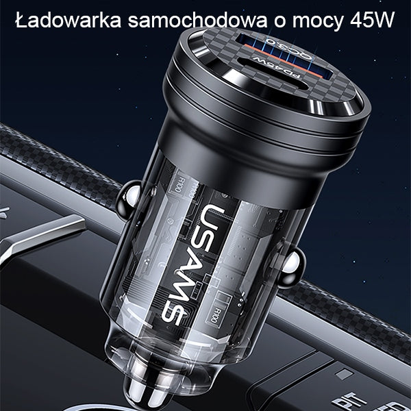 Автомобилно зарядно USAMS Ład. sam. C35 USB+USB-C 45WFast, черно (CC175CC01, US-CC175)