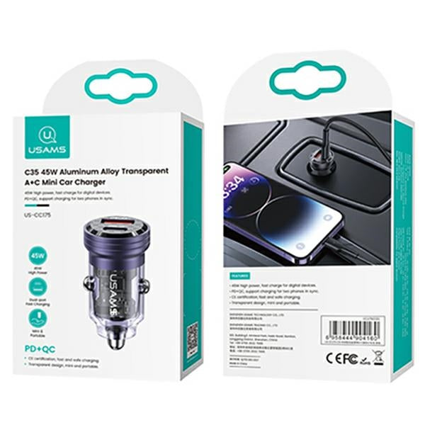 Автомобилно зарядно USAMS Ład. sam. C35 USB+USB-C 45WFast Charge, лилаво (US-CC175)