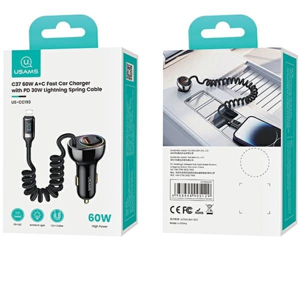 Автомобилно зарядно USAMS C37 60W с кабел Lightning 30W PD+QC Fast Charge, черно
