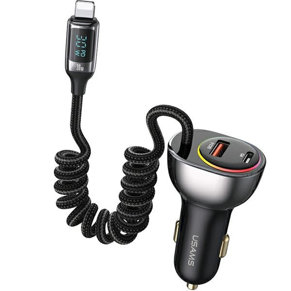 Автомобилно зарядно USAMS C37 60W с кабел Lightning 30W PD+QC Fast Charge, черно
