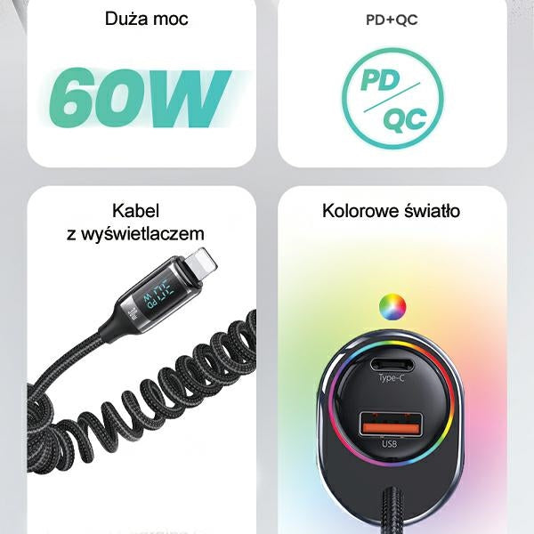 Автомобилно зарядно USAMS C37 60W с кабел Lightning 30W PD+QC Fast Charge, черно