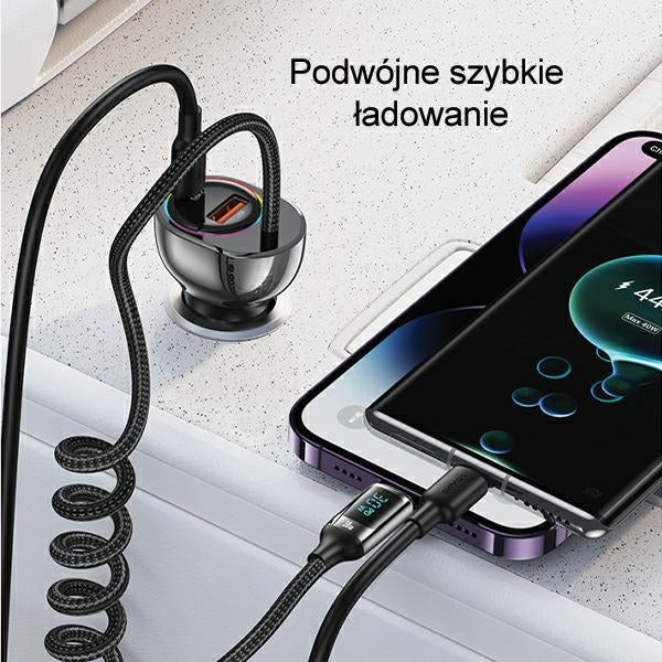 Автомобилно зарядно USAMS C37 60W с кабел Lightning 30W PD+QC Fast Charge, черно