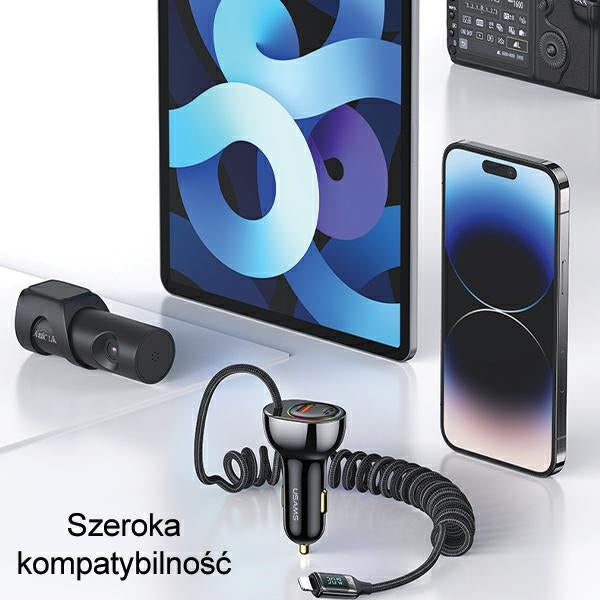 Автомобилно зарядно USAMS C37 60W с кабел Lightning 30W PD+QC Fast Charge, черно