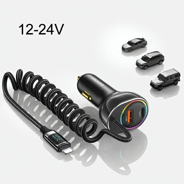 Автомобилно зарядно USAMS C37 60W с кабел Lightning 30W PD+QC Fast Charge, черно