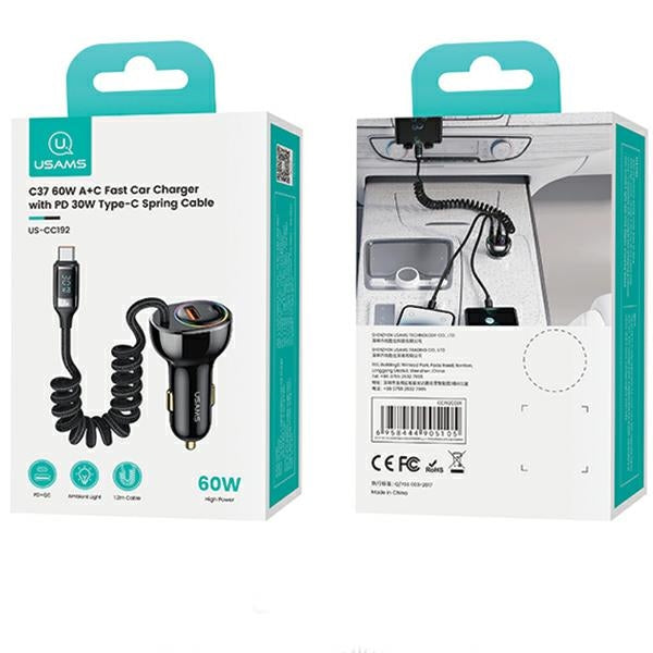 Автомобилна зарядна USAMS C37 60W с кабел 30W PD+QC Fast Charge, черна