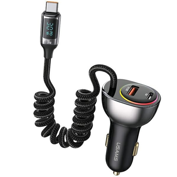 Автомобилна зарядна USAMS C37 60W с кабел 30W PD+QC Fast Charge, черна