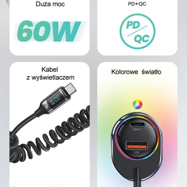 Автомобилна зарядна USAMS C37 60W с кабел 30W PD+QC Fast Charge, черна