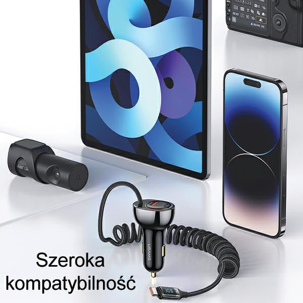 Автомобилна зарядна USAMS C37 60W с кабел 30W PD+QC Fast Charge, черна