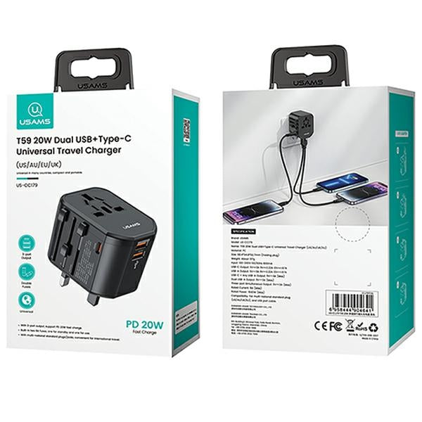Зарядно USAMS T59 Universal Travel Charger US/AU/EU/UK, черно
