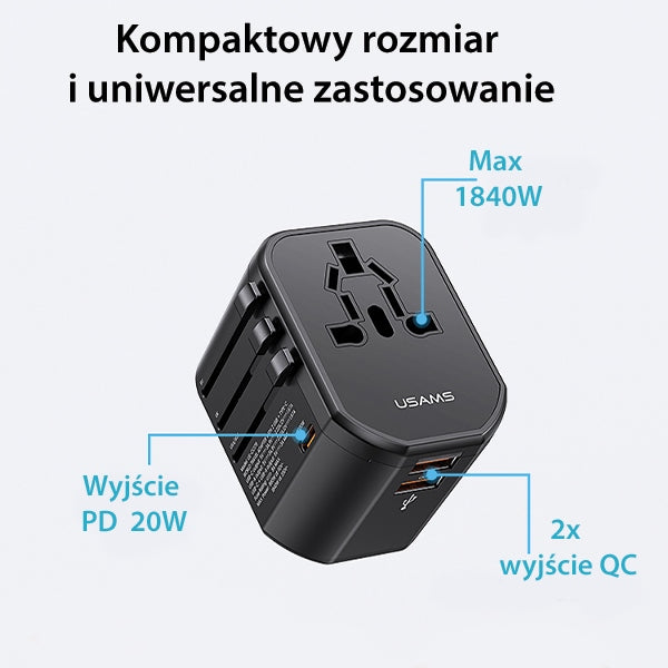 Зарядно USAMS T59 Universal Travel Charger US/AU/EU/UK, черно